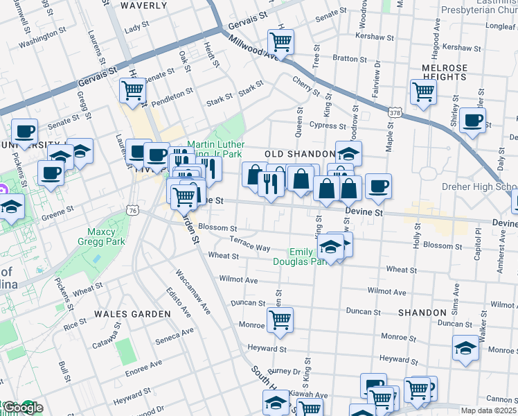 map of restaurants, bars, coffee shops, grocery stores, and more near 2401 Devine Street in Columbia