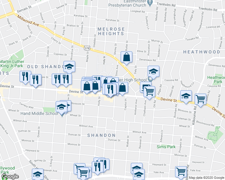 map of restaurants, bars, coffee shops, grocery stores, and more near 729 Olive Street in Columbia