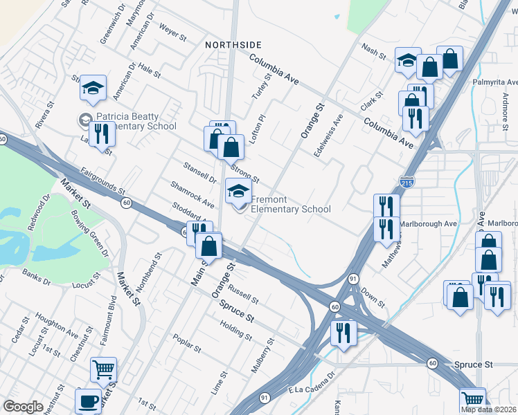 map of restaurants, bars, coffee shops, grocery stores, and more near 1749 Orange Street in Riverside