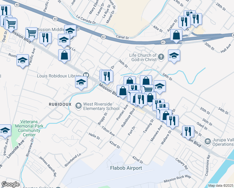 map of restaurants, bars, coffee shops, grocery stores, and more near 5721 Mission Boulevard in Riverside