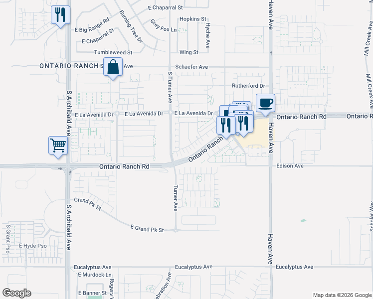 map of restaurants, bars, coffee shops, grocery stores, and more near 4125 Cloverdale Way in Ontario