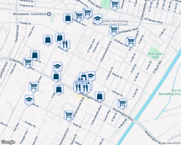 map of restaurants, bars, coffee shops, grocery stores, and more near 828 South Taylor Avenue in Montebello