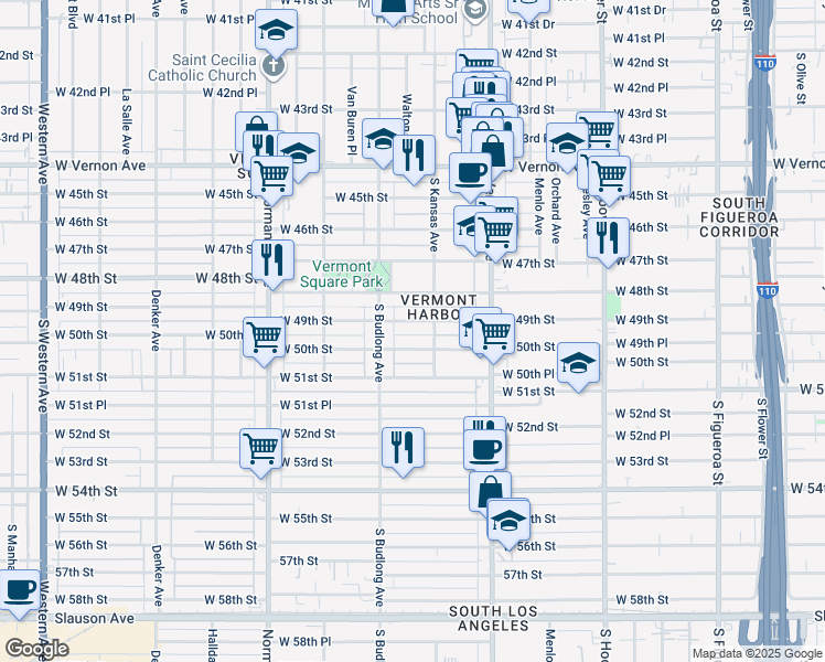 map of restaurants, bars, coffee shops, grocery stores, and more near 1121 West 49th Street in Los Angeles