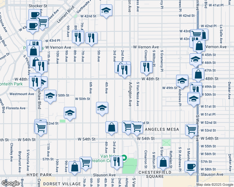 map of restaurants, bars, coffee shops, grocery stores, and more near 4832 3rd Avenue in Los Angeles
