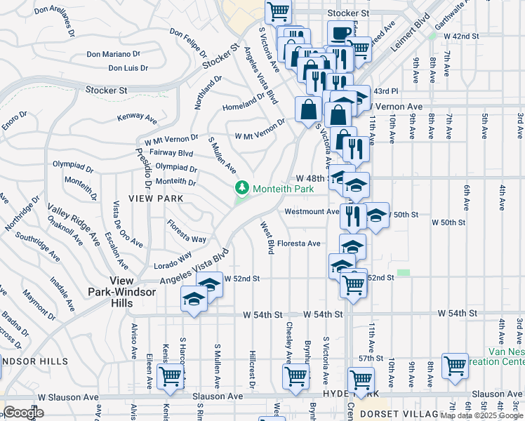 map of restaurants, bars, coffee shops, grocery stores, and more near 3662 Olympiad Drive in View Park-Windsor Hills