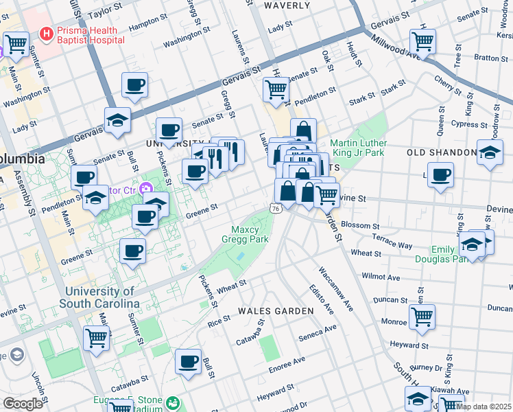 map of restaurants, bars, coffee shops, grocery stores, and more near 1900 Greene Street in Columbia