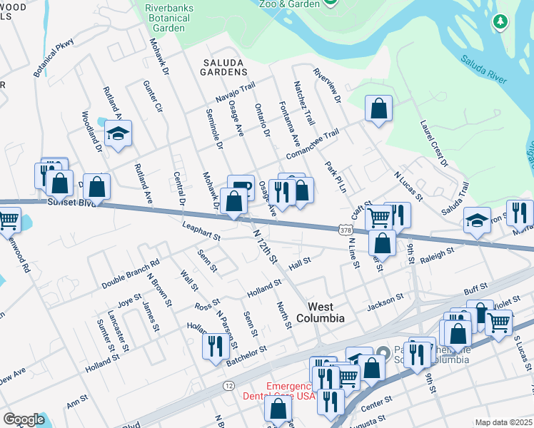 map of restaurants, bars, coffee shops, grocery stores, and more near 704 Osage Avenue in West Columbia