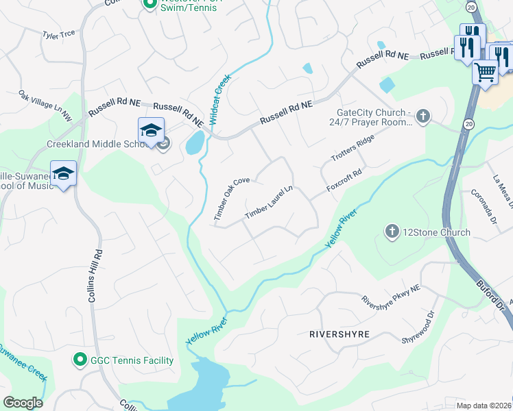 map of restaurants, bars, coffee shops, grocery stores, and more near 255 Timber Oak Cove in Lawrenceville