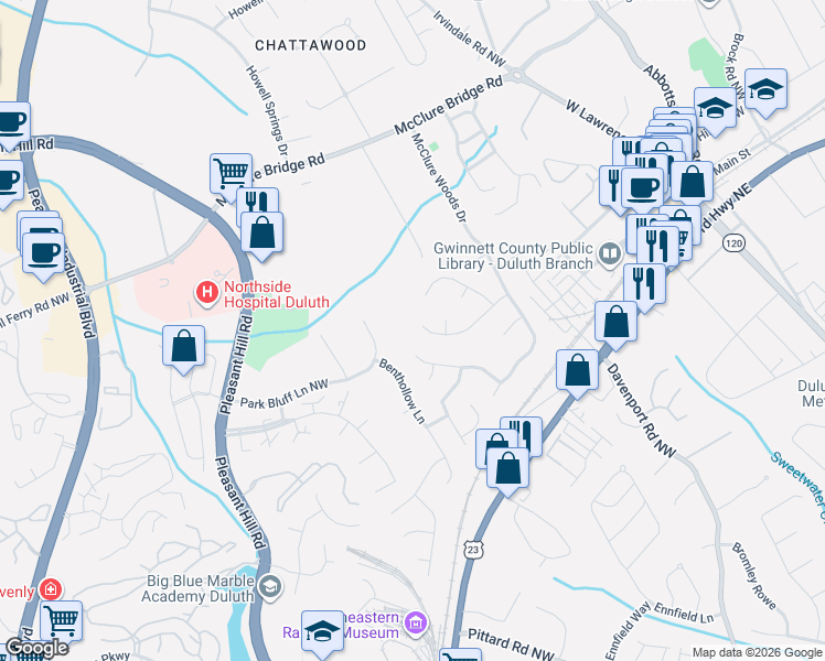 map of restaurants, bars, coffee shops, grocery stores, and more near 3462 Drawbridge Terrace in Duluth