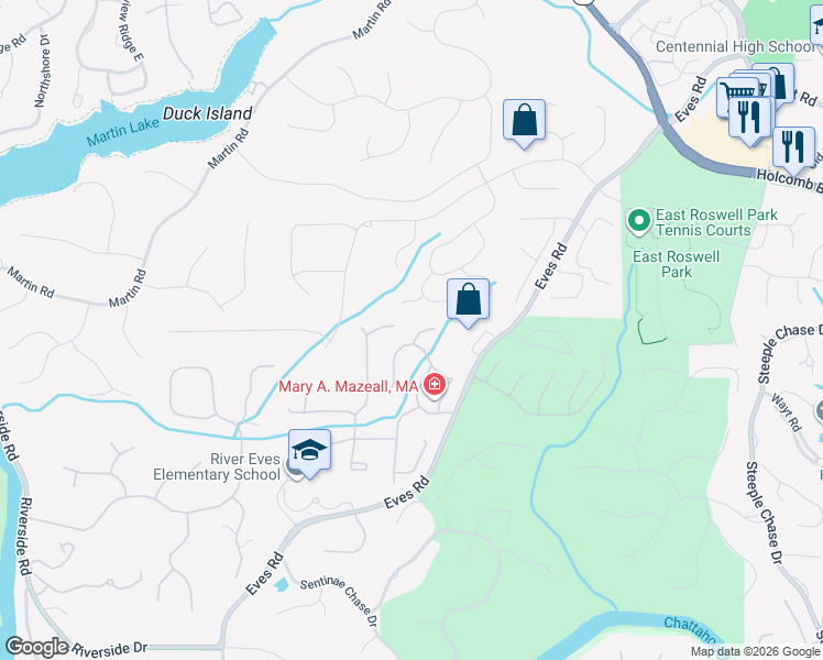 map of restaurants, bars, coffee shops, grocery stores, and more near 510 Bellfield Court in Roswell
