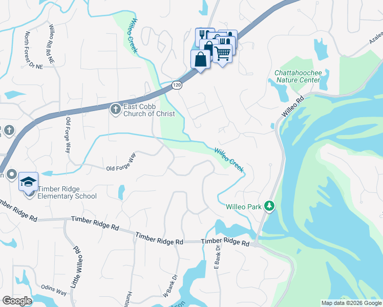 map of restaurants, bars, coffee shops, grocery stores, and more near 1046 Willeo Court in Marietta