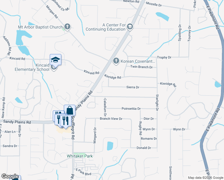 map of restaurants, bars, coffee shops, grocery stores, and more near 1690 Sierra Drive in Marietta