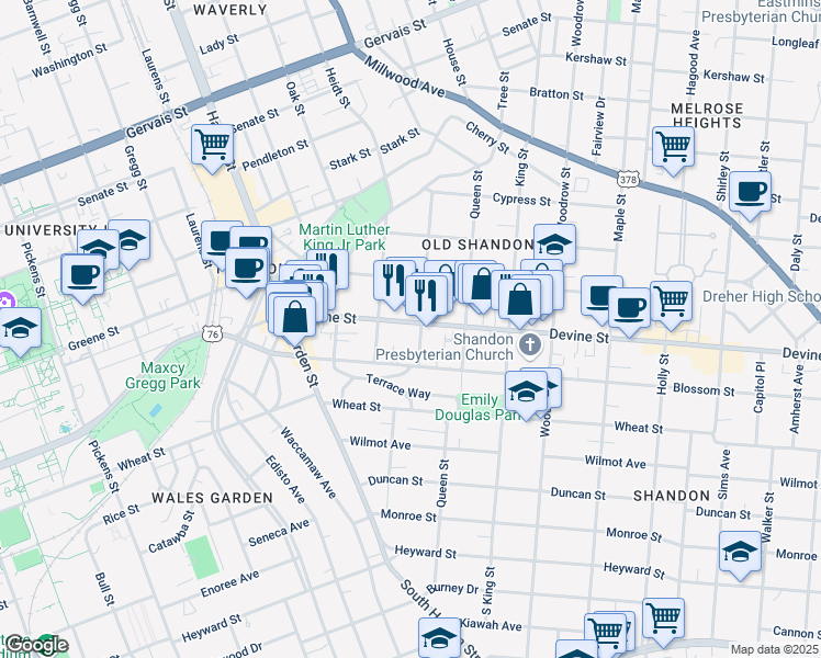 map of restaurants, bars, coffee shops, grocery stores, and more near 2401 Devine Street in Columbia