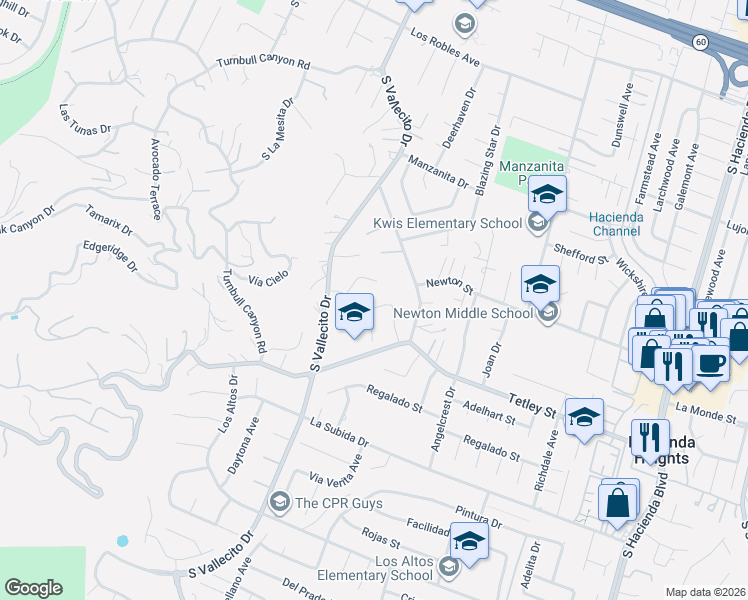 map of restaurants, bars, coffee shops, grocery stores, and more near 15344 Sonnet Place in Hacienda Heights