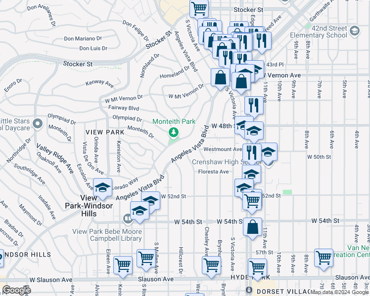 map of restaurants, bars, coffee shops, grocery stores, and more near 4925 Angeles Vista Boulevard in View Park-Windsor Hills
