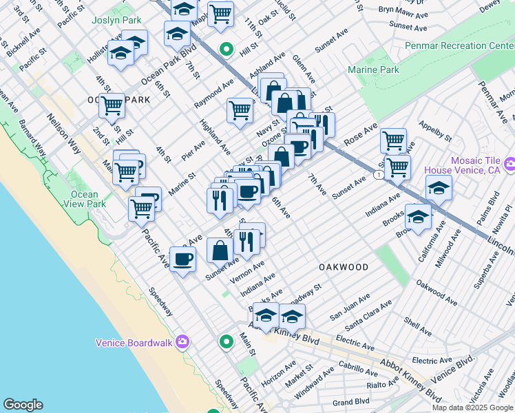 map of restaurants, bars, coffee shops, grocery stores, and more near 535 Rose Avenue in Los Angeles