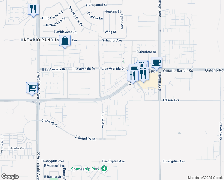 map of restaurants, bars, coffee shops, grocery stores, and more near 3160 East Yountville Drive in Ontario