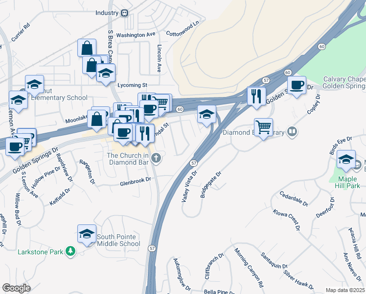 map of restaurants, bars, coffee shops, grocery stores, and more near 21249 Davan Street in Walnut