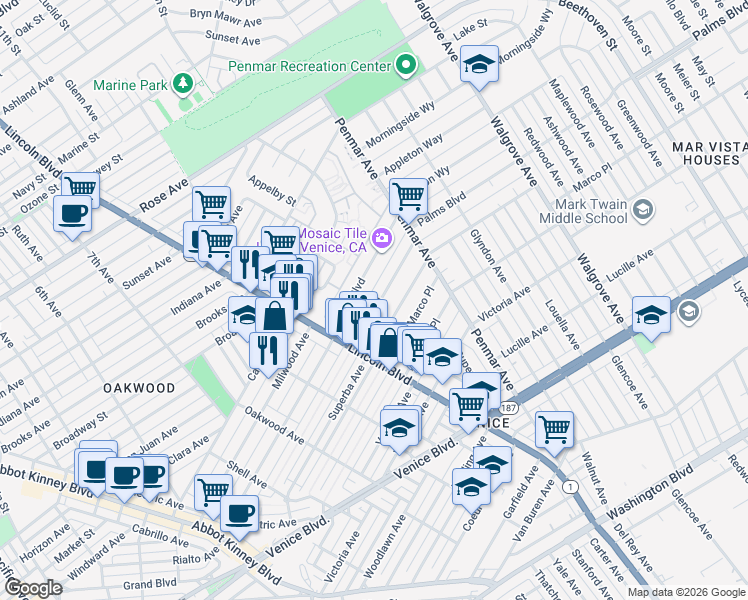 map of restaurants, bars, coffee shops, grocery stores, and more near 1065 Palms Boulevard in Los Angeles