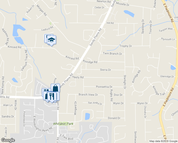 map of restaurants, bars, coffee shops, grocery stores, and more near 1690 Sierra Drive in Marietta