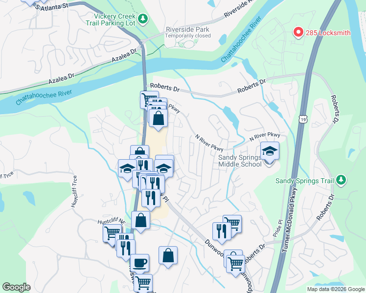 map of restaurants, bars, coffee shops, grocery stores, and more near 310 Winding River Drive in Atlanta