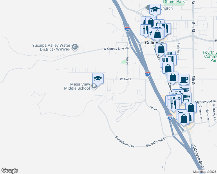 map of restaurants, bars, coffee shops, grocery stores, and more near 763 West Avenue L in Calimesa