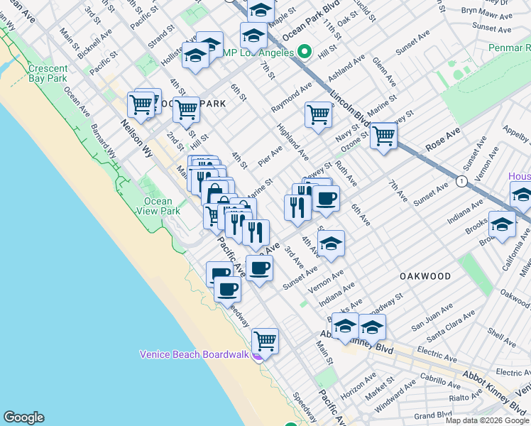 map of restaurants, bars, coffee shops, grocery stores, and more near 200 3rd Avenue in Los Angeles