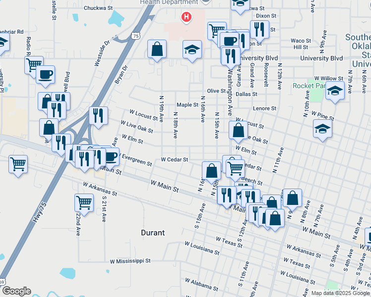 map of restaurants, bars, coffee shops, grocery stores, and more near 502 North 18th Avenue in Durant