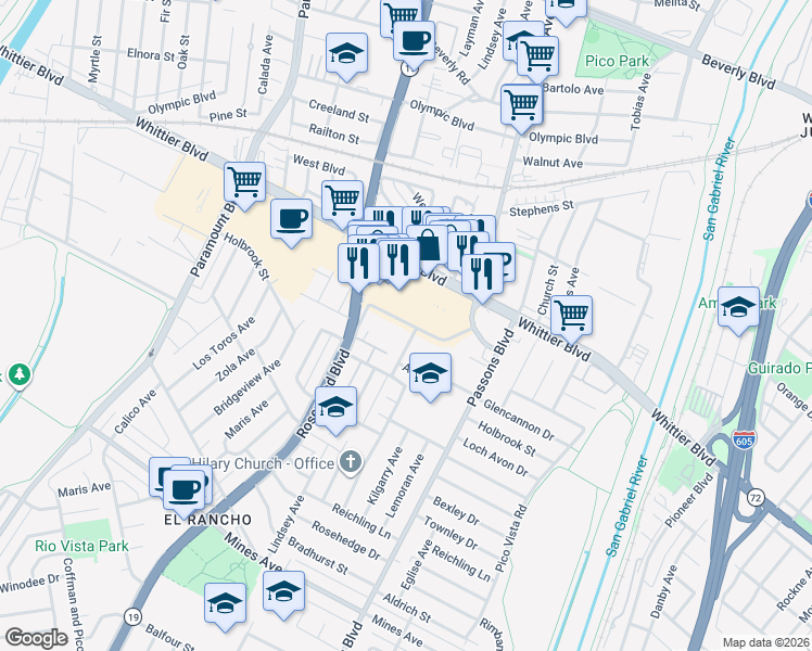map of restaurants, bars, coffee shops, grocery stores, and more near 9148 Verner Street in Pico Rivera