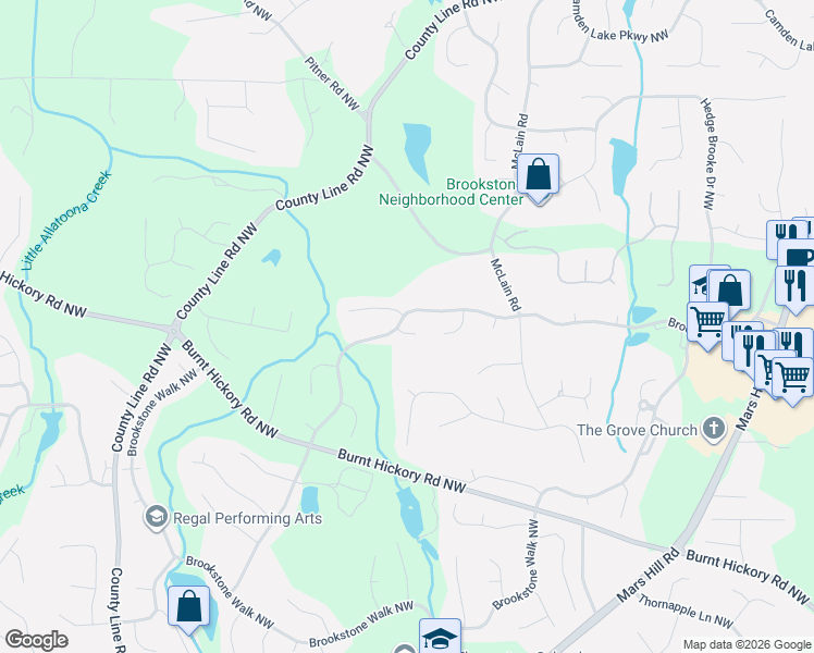 map of restaurants, bars, coffee shops, grocery stores, and more near 5800 Brookstone Circle Northwest in Acworth