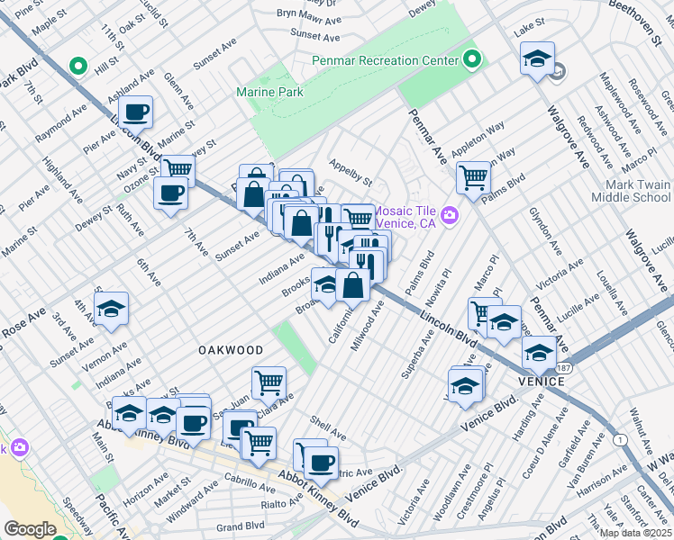map of restaurants, bars, coffee shops, grocery stores, and more near 838 Lincoln Boulevard in Los Angeles