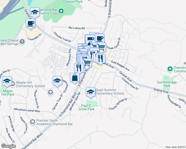 map of restaurants, bars, coffee shops, grocery stores, and more near 1304 South Diamond Bar Boulevard in Diamond Bar