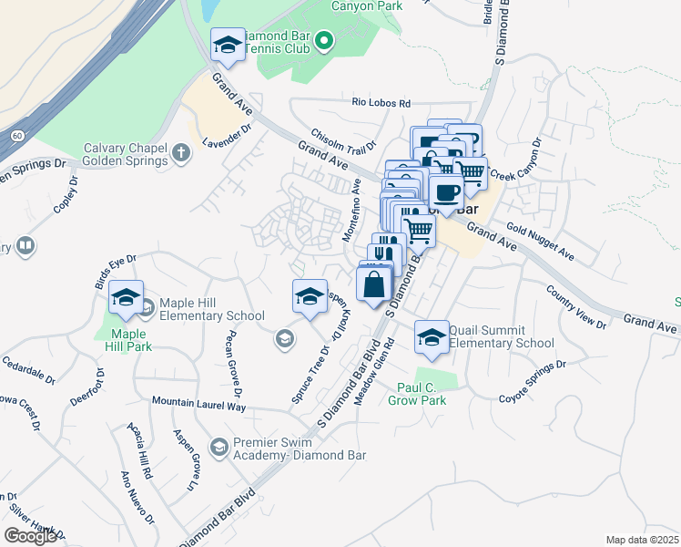map of restaurants, bars, coffee shops, grocery stores, and more near 22910 Colombard Lane in Diamond Bar
