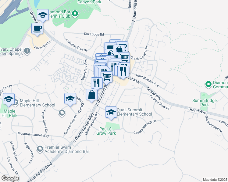 map of restaurants, bars, coffee shops, grocery stores, and more near 1304 South Diamond Bar Boulevard in Diamond Bar