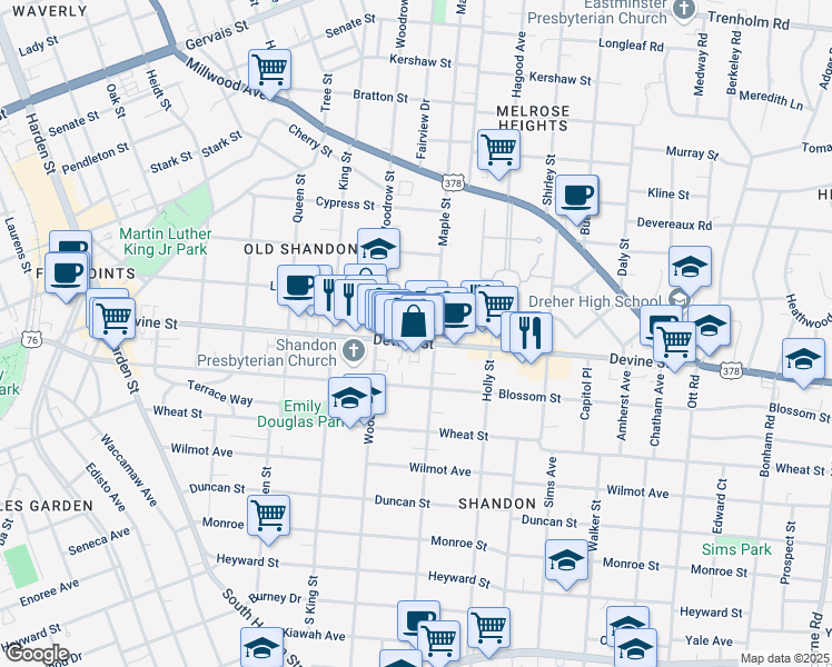 map of restaurants, bars, coffee shops, grocery stores, and more near 103G Maple Street in Columbia