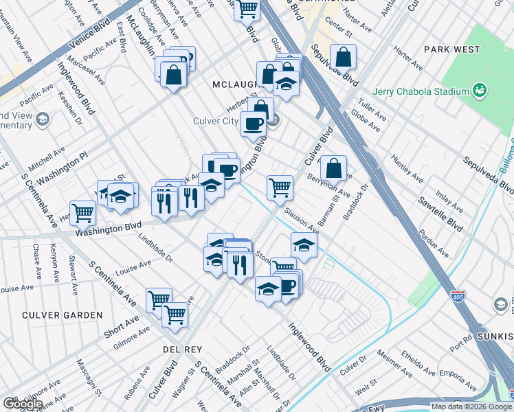 map of restaurants, bars, coffee shops, grocery stores, and more near 4365 McLaughlin Avenue in Los Angeles