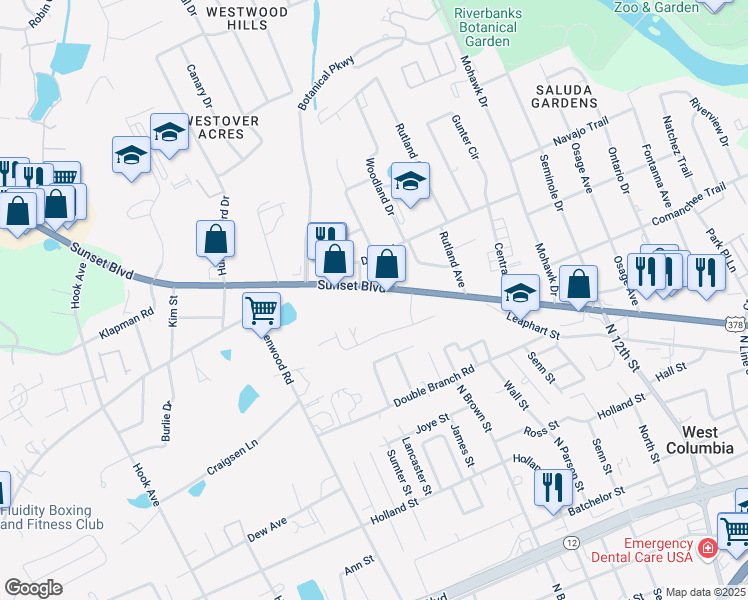 map of restaurants, bars, coffee shops, grocery stores, and more near 1631 Sunset Boulevard in West Columbia