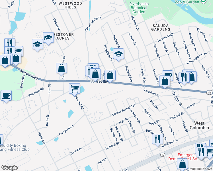 map of restaurants, bars, coffee shops, grocery stores, and more near 1631 Sunset Boulevard in West Columbia