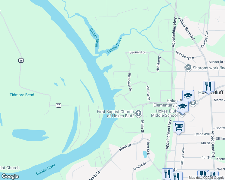 map of restaurants, bars, coffee shops, grocery stores, and more near 4711 Park Drive in Gadsden