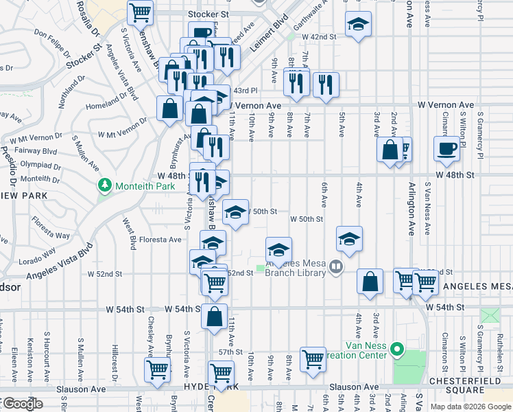 map of restaurants, bars, coffee shops, grocery stores, and more near 4831 9th Avenue in Los Angeles
