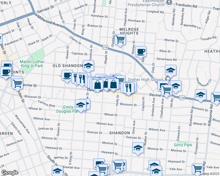 map of restaurants, bars, coffee shops, grocery stores, and more near 2835 Devine Street in Columbia