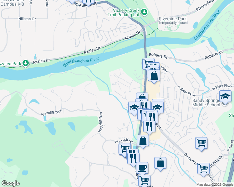 map of restaurants, bars, coffee shops, grocery stores, and more near 14 Forest Ridge Court in Atlanta