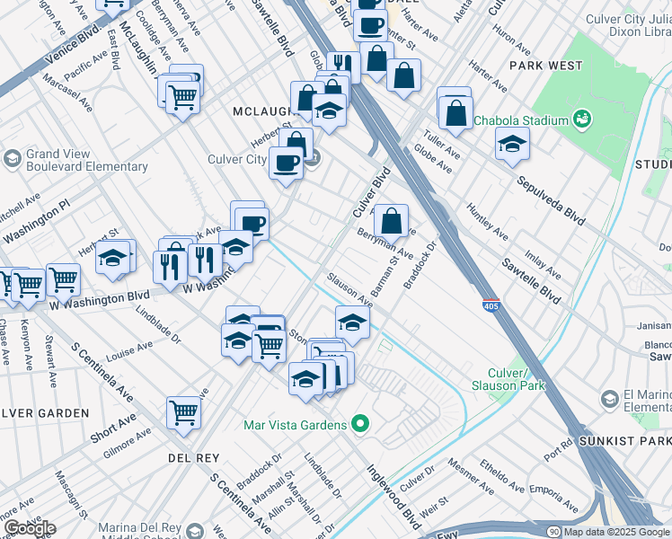 map of restaurants, bars, coffee shops, grocery stores, and more near 4418 South Slauson Avenue in Culver City