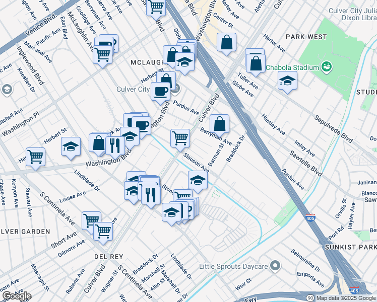 map of restaurants, bars, coffee shops, grocery stores, and more near 4418 South Slauson Avenue in Culver City