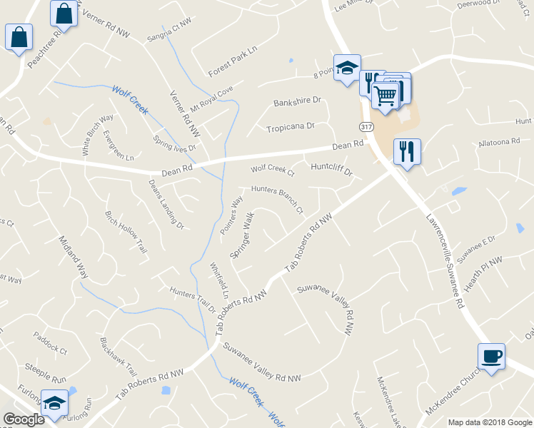 map of restaurants, bars, coffee shops, grocery stores, and more near 2060 Springer Walk in Lawrenceville