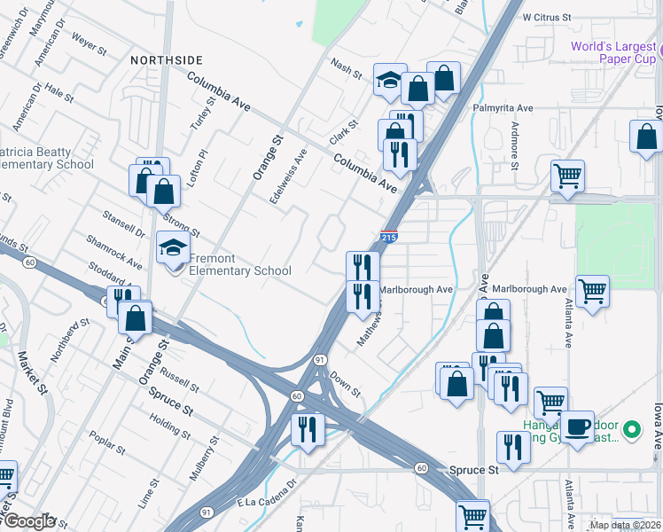 map of restaurants, bars, coffee shops, grocery stores, and more near 1516 Marsh Way in Riverside