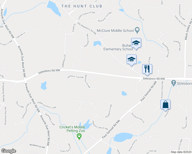 map of restaurants, bars, coffee shops, grocery stores, and more near 3906 Nemours Trail Northwest in Kennesaw