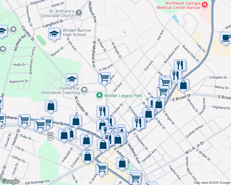 map of restaurants, bars, coffee shops, grocery stores, and more near 265 3rd Avenue in Winder