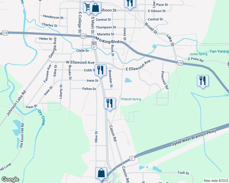 map of restaurants, bars, coffee shops, grocery stores, and more near 208 Washington Street in Cedartown