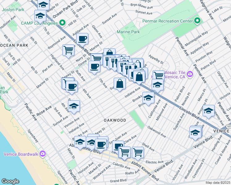 map of restaurants, bars, coffee shops, grocery stores, and more near 709 Vernon Avenue in Los Angeles